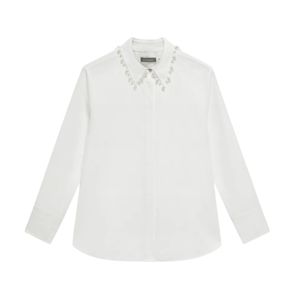 Mint Velvet White Cotton Blend Pearl Collar Shirt